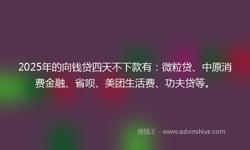 2025年的向钱贷四天不下款有：微粒贷、中原消费金融、省呗、美团生活费、功夫贷等。