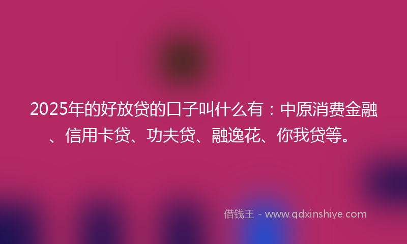 2025年的好放贷的口子叫什么有：中原消费金融、信用卡贷、功夫贷、融逸花、你我贷等。