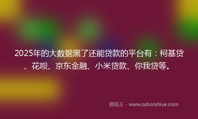 2025年的大数据黑了还能贷款的平台有：柯基贷、花呗、京东金融、小米贷款、你我贷等。