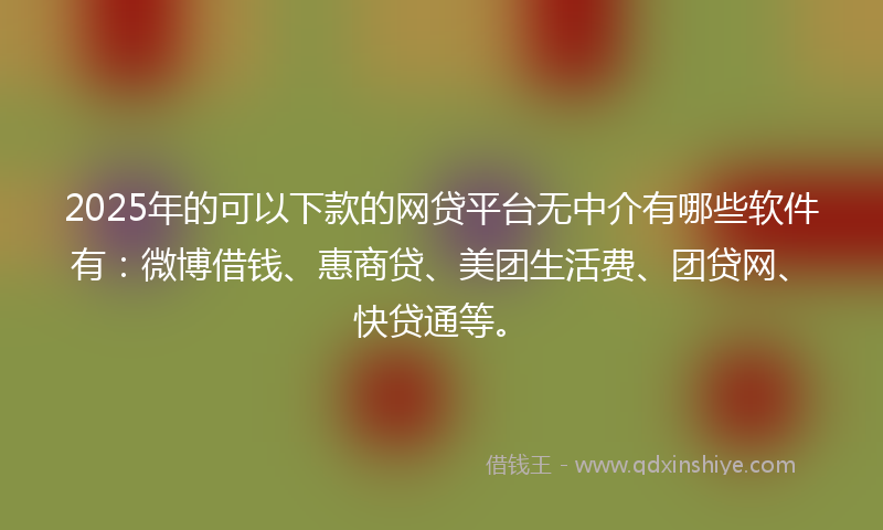 2025年的可以下款的网贷平台无中介有哪些软件有：微博借钱、惠商贷、美团生活费、团贷网、快贷通等。