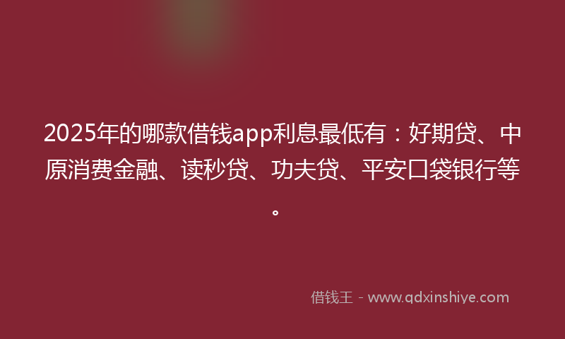 2025年的哪款借钱app利息最低有：好期贷、中原消费金融、读秒贷、功夫贷、平安口袋银行等。
