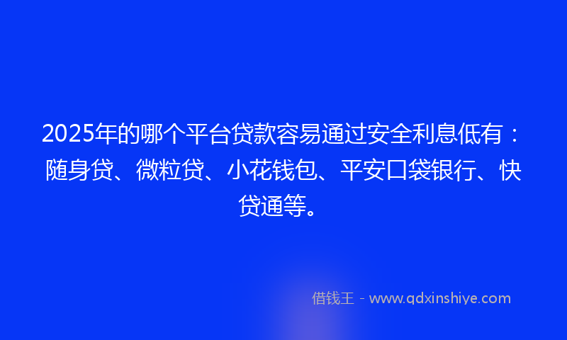 2025年的哪个平台贷款容易通过安全利息低有：随身贷、微粒贷、小花钱包、平安口袋银行、快贷通等。