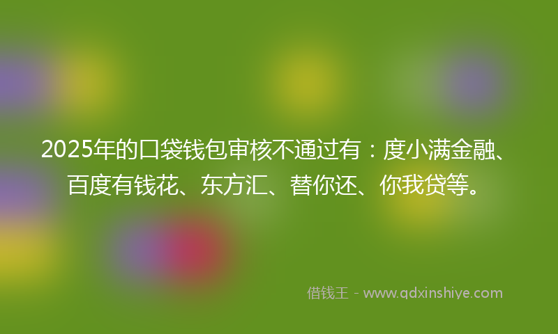 2025年的口袋钱包审核不通过有：度小满金融、百度有钱花、东方汇、替你还、你我贷等。