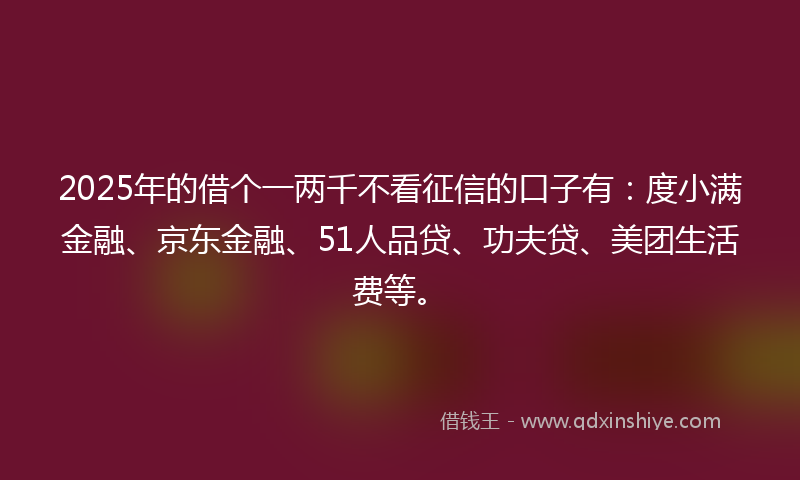 2025年的借个一两千不看征信的口子有：度小满金融、京东金融、51人品贷、功夫贷、美团生活费等。