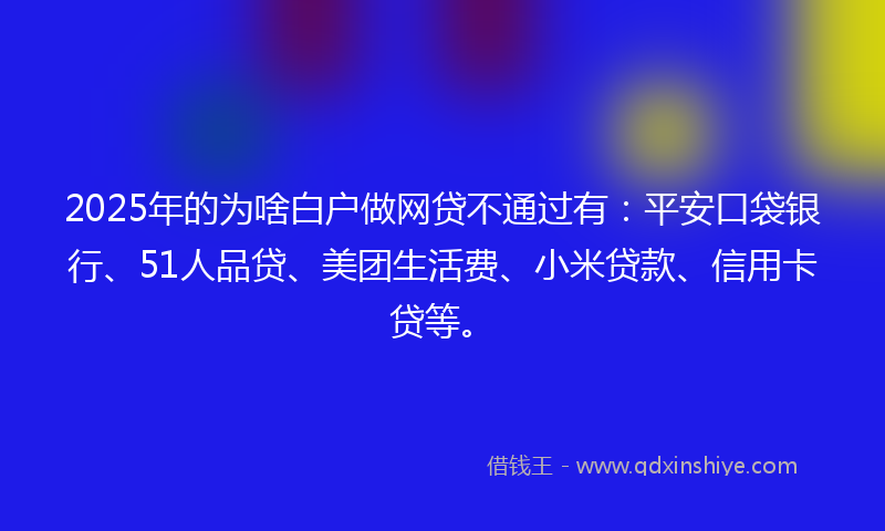 2025年的为啥白户做网贷不通过有：平安口袋银行、51人品贷、美团生活费、小米贷款、信用卡贷等。