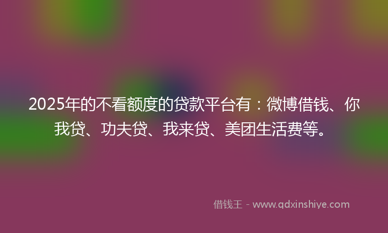 2025年的不看额度的贷款平台有：微博借钱、你我贷、功夫贷、我来贷、美团生活费等。