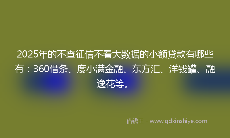 2025年的不查征信不看大数据的小额贷款有哪些有：360借条、度小满金融、东方汇、洋钱罐、融逸花等。