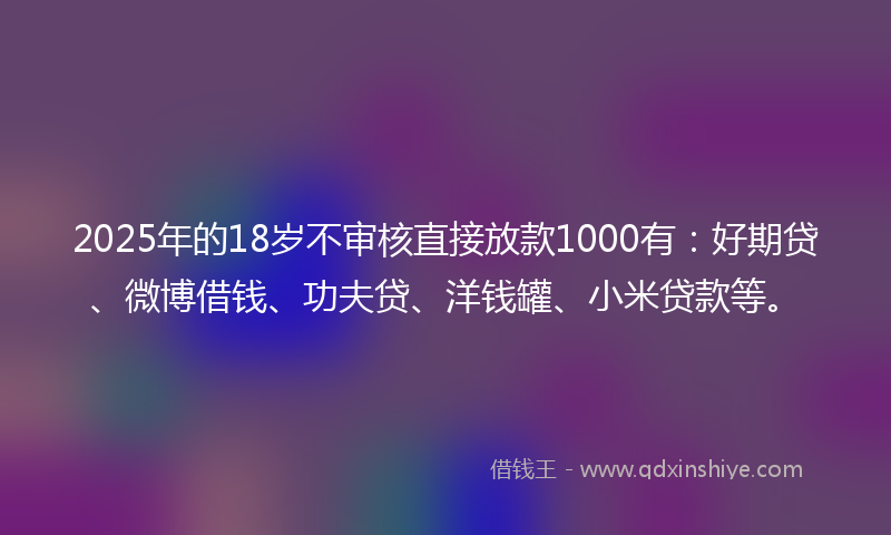 2025年的18岁不审核直接放款1000有：好期贷、微博借钱、功夫贷、洋钱罐、小米贷款等。