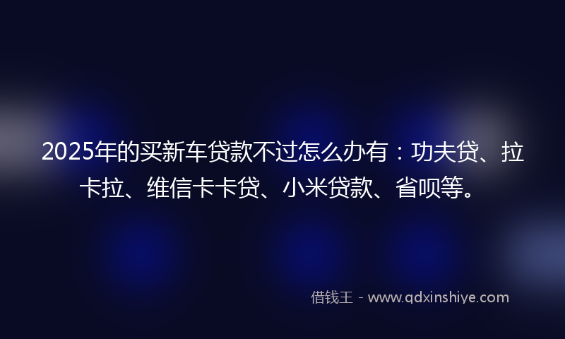 2025年的买新车贷款不过怎么办有：功夫贷、拉卡拉、维信卡卡贷、小米贷款、省呗等。