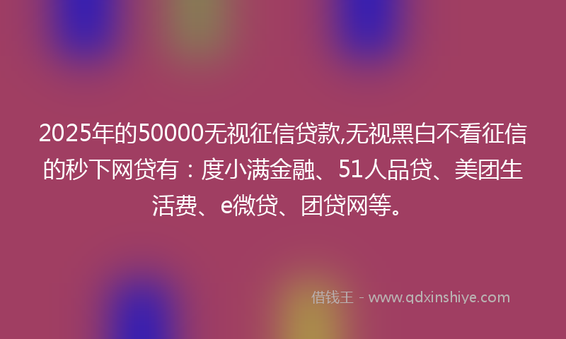 2025年的50000无视征信贷款,无视黑白不看征信的秒下网贷有：度小满金融、51人品贷、美团生活费、e微贷、团贷网等。