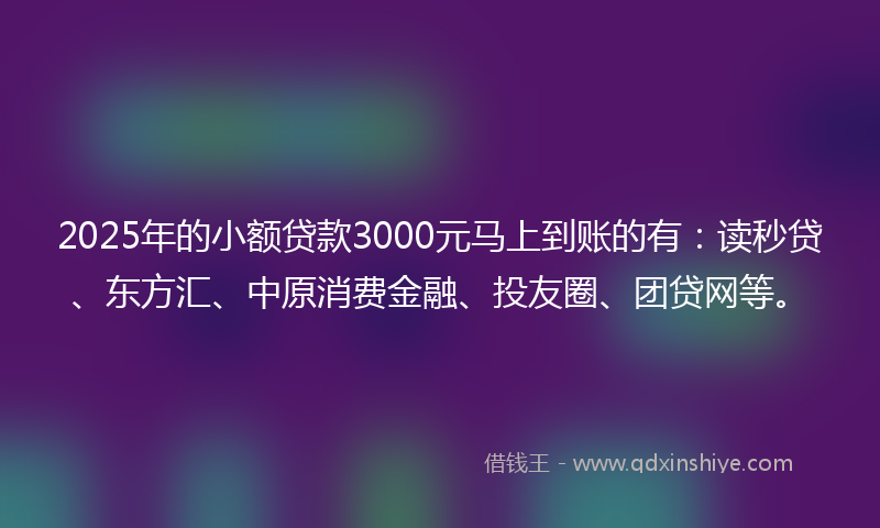 2025年的小额贷款3000元马上到账的有：读秒贷、东方汇、中原消费金融、投友圈、团贷网等。