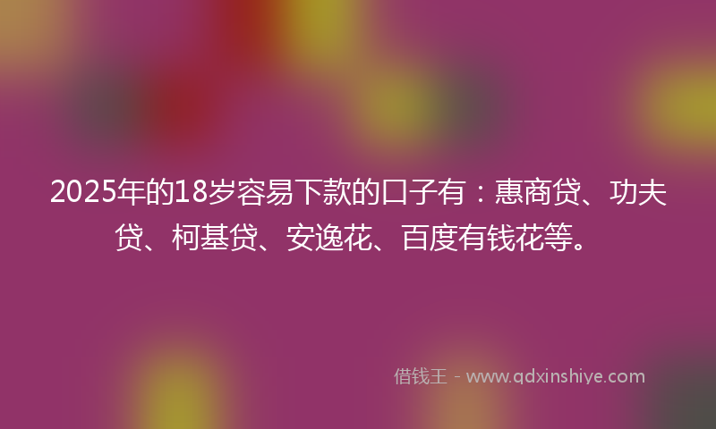 2025年的18岁容易下款的口子有：惠商贷、功夫贷、柯基贷、安逸花、百度有钱花等。