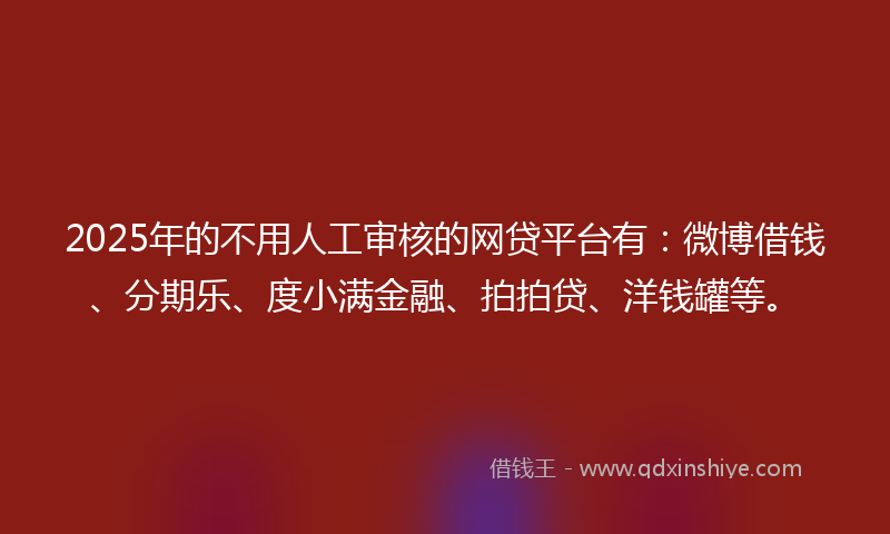 2025年的不用人工审核的网贷平台有：微博借钱、分期乐、度小满金融、拍拍贷、洋钱罐等。