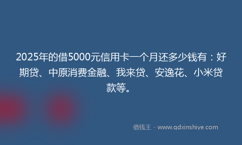 2025年的借5000元信用卡一个月还多少钱有：好期贷、中原消费金融、我来贷、安逸花、小米贷款等。