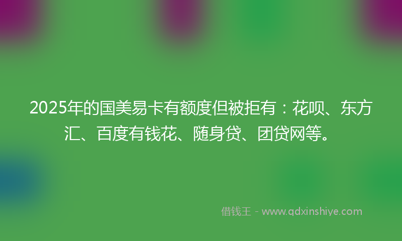 2025年的国美易卡有额度但被拒有：花呗、东方汇、百度有钱花、随身贷、团贷网等。
