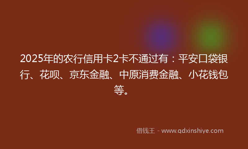 2025年的农行信用卡2卡不通过有：平安口袋银行、花呗、京东金融、中原消费金融、小花钱包等。