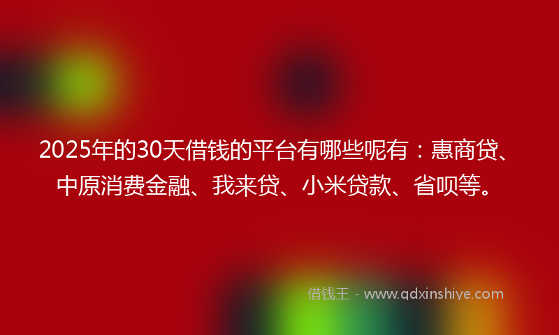 2025年的30天借钱的平台有哪些呢有：惠商贷、中原消费金融、我来贷、小米贷款、省呗等。