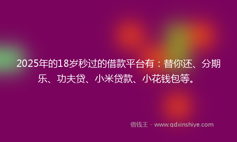 2025年的18岁秒过的借款平台有：替你还、分期乐、功夫贷、小米贷款、小花钱包等。