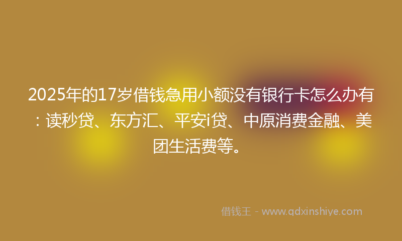 2025年的17岁借钱急用小额没有银行卡怎么办有：读秒贷、东方汇、平安i贷、中原消费金融、美团生活费等。