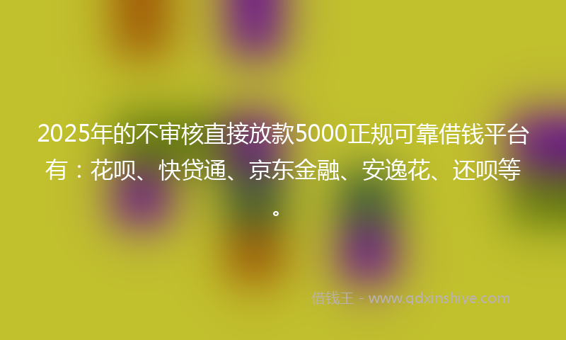 2025年的不审核直接放款5000正规可靠借钱平台有：花呗、快贷通、京东金融、安逸花、还呗等。