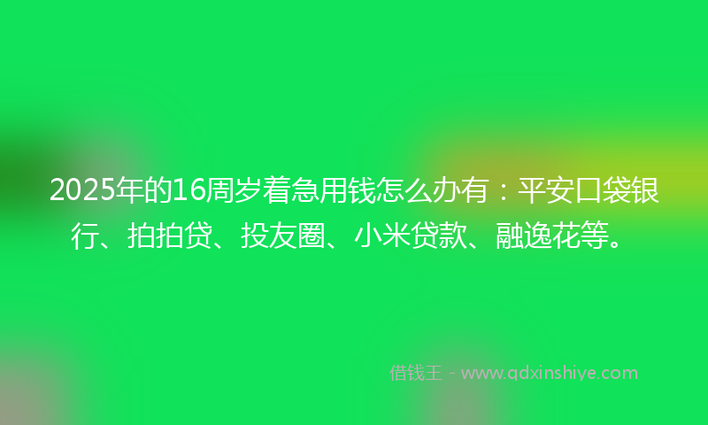 2025年的16周岁着急用钱怎么办有：平安口袋银行、拍拍贷、投友圈、小米贷款、融逸花等。