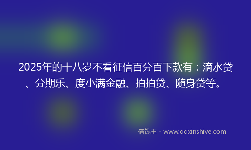 2025年的十八岁不看征信百分百下款有：滴水贷、分期乐、度小满金融、拍拍贷、随身贷等。