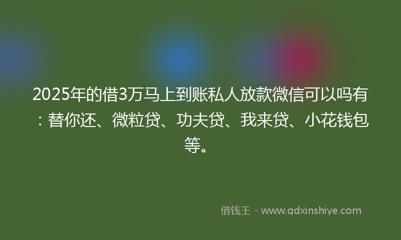 2025年的借3万马上到账私人放款微信可以吗有：替你还、微粒贷、功夫贷、我来贷、小花钱包等。