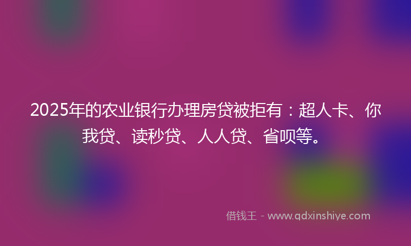 2025年的农业银行办理房贷被拒有：超人卡、你我贷、读秒贷、人人贷、省呗等。