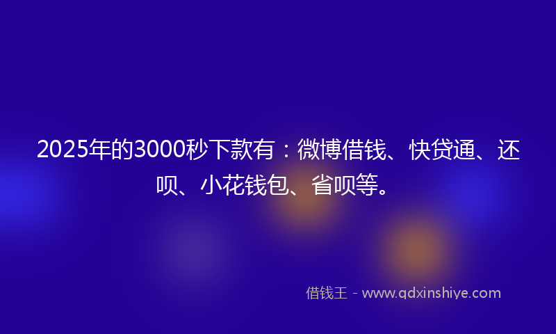 2025年的3000秒下款有：微博借钱、快贷通、还呗、小花钱包、省呗等。