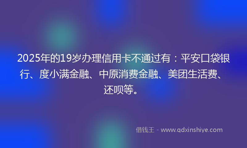 2025年的19岁办理信用卡不通过有：平安口袋银行、度小满金融、中原消费金融、美团生活费、还呗等。