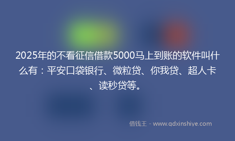 2025年的不看征信借款5000马上到账的软件叫什么有：平安口袋银行、微粒贷、你我贷、超人卡、读秒贷等。