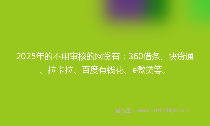 2025年的不用审核的网贷有：360借条、快贷通、拉卡拉、百度有钱花、e微贷等。