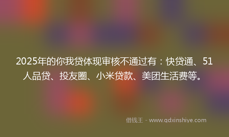 2025年的你我贷体现审核不通过有：快贷通、51人品贷、投友圈、小米贷款、美团生活费等。
