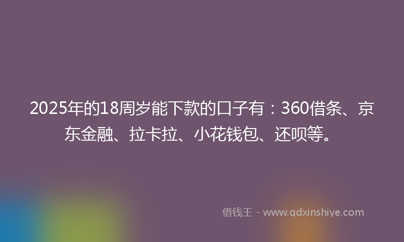 2025年的18周岁能下款的口子有：360借条、京东金融、拉卡拉、小花钱包、还呗等。