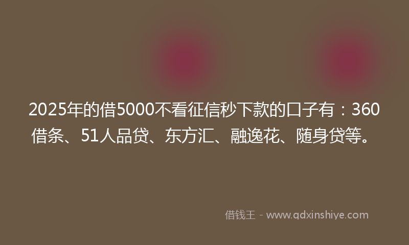 2025年的借5000不看征信秒下款的口子有：360借条、51人品贷、东方汇、融逸花、随身贷等。