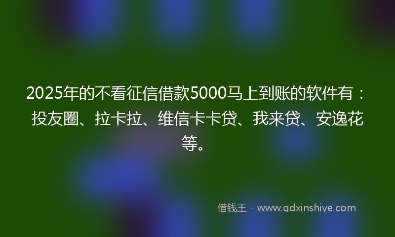 2025年的不看征信借款5000马上到账的软件有：投友圈、拉卡拉、维信卡卡贷、我来贷、安逸花等。