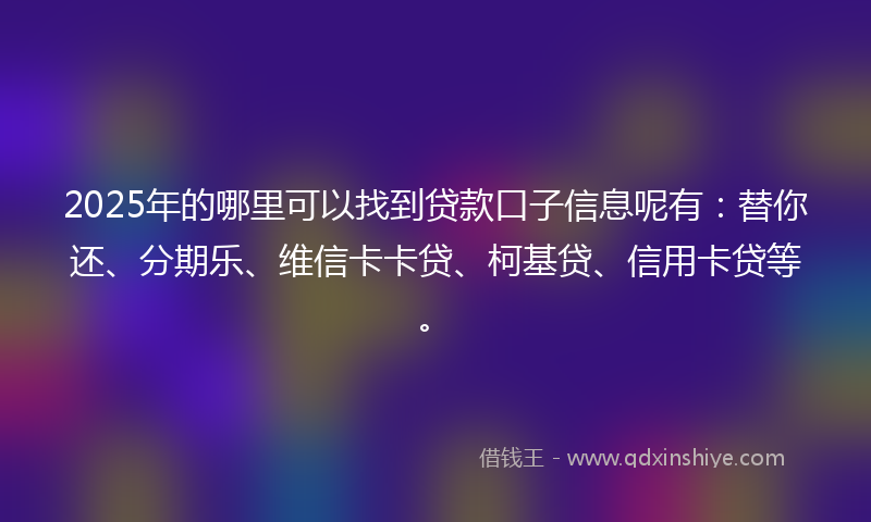 2025年的哪里可以找到贷款口子信息呢有：替你还、分期乐、维信卡卡贷、柯基贷、信用卡贷等。