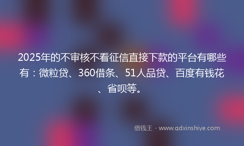 2025年的不审核不看征信直接下款的平台有哪些有：微粒贷、360借条、51人品贷、百度有钱花、省呗等。