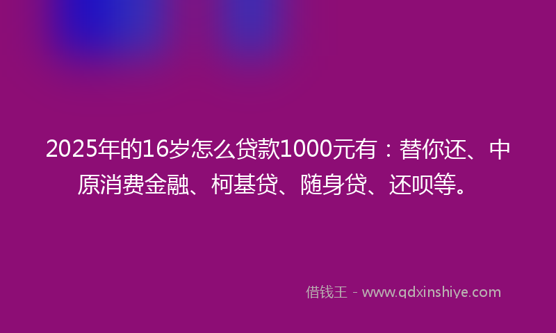 2025年的16岁怎么贷款1000元有：替你还、中原消费金融、柯基贷、随身贷、还呗等。
