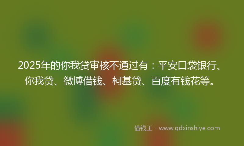 2025年的你我贷审核不通过有：平安口袋银行、你我贷、微博借钱、柯基贷、百度有钱花等。