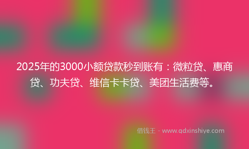 2025年的3000小额贷款秒到账有：微粒贷、惠商贷、功夫贷、维信卡卡贷、美团生活费等。