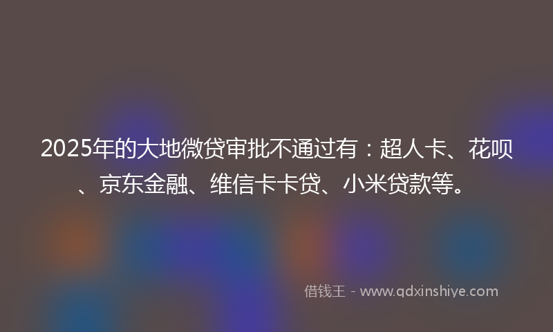 2025年的大地微贷审批不通过有：超人卡、花呗、京东金融、维信卡卡贷、小米贷款等。