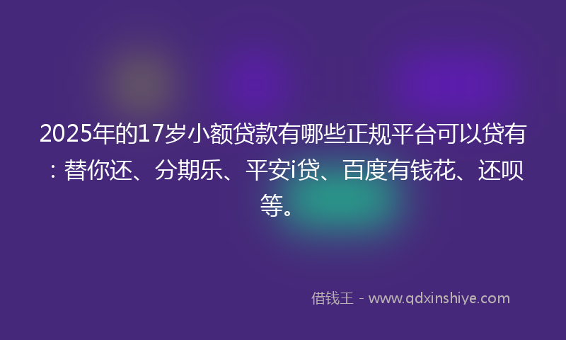 2025年的17岁小额贷款有哪些正规平台可以贷有：替你还、分期乐、平安i贷、百度有钱花、还呗等。