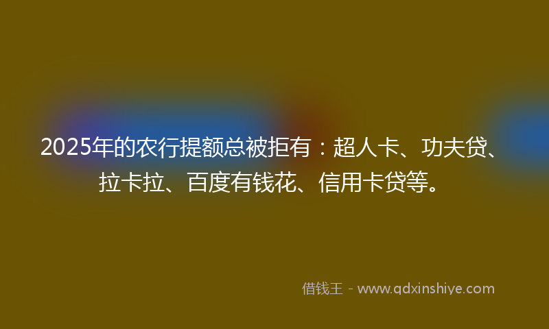 2025年的农行提额总被拒有：超人卡、功夫贷、拉卡拉、百度有钱花、信用卡贷等。