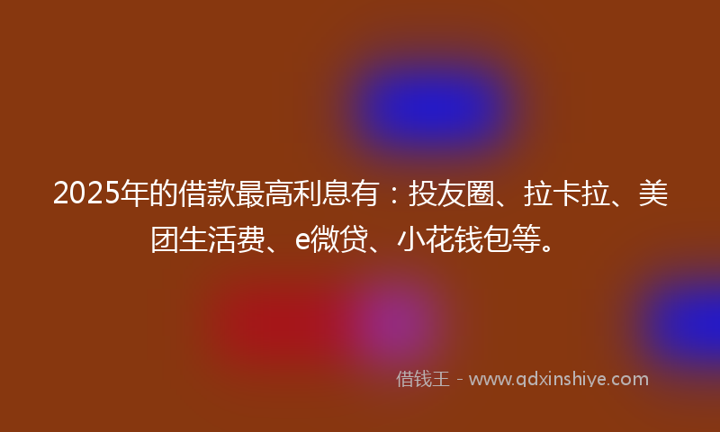 2025年的借款最高利息有：投友圈、拉卡拉、美团生活费、e微贷、小花钱包等。