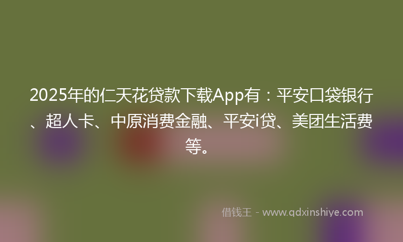 2025年的仁天花贷款下载App有：平安口袋银行、超人卡、中原消费金融、平安i贷、美团生活费等。