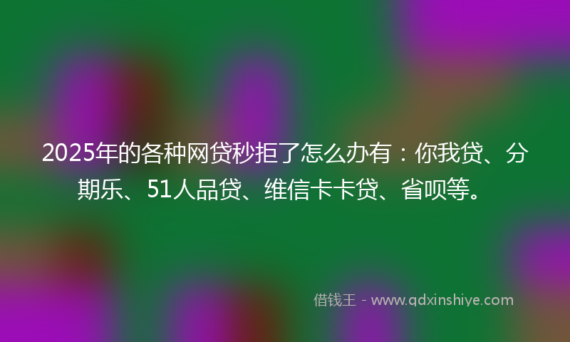 2025年的各种网贷秒拒了怎么办有：你我贷、分期乐、51人品贷、维信卡卡贷、省呗等。