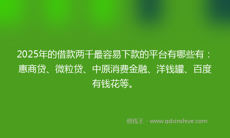 2025年的借款两千最容易下款的平台有哪些有：惠商贷、微粒贷、中原消费金融、洋钱罐、百度有钱花等。