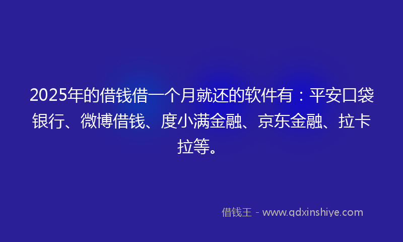 2025年的借钱借一个月就还的软件有：平安口袋银行、微博借钱、度小满金融、京东金融、拉卡拉等。