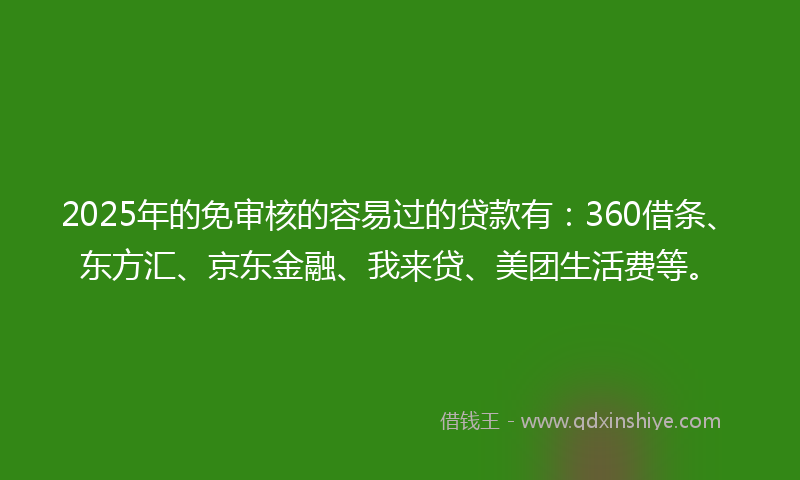 2025年的免审核的容易过的贷款有：360借条、东方汇、京东金融、我来贷、美团生活费等。